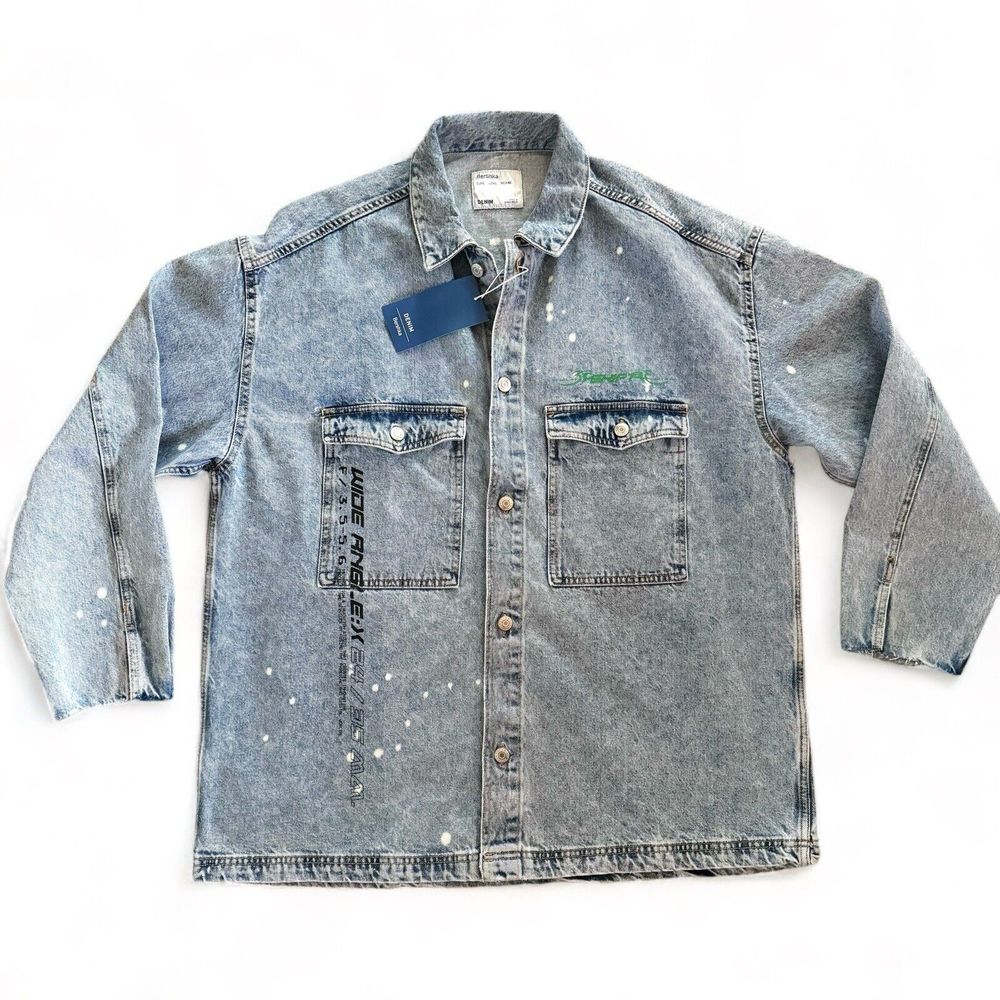 BERSHKA Denim Jacket Streetwear Custom Graphics Lt Wash Oversized Men's Sz L NWT